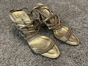 Vintage MANOLO BLAHNIK Metallic Champagne Lace-Up Sandal Stiletto Heels 37.5